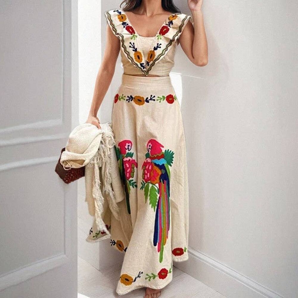 Sleeveless Floral Print Two-Piece Set - Ruffle Crop Top & Maxi Skirt - Picture 2 of 7